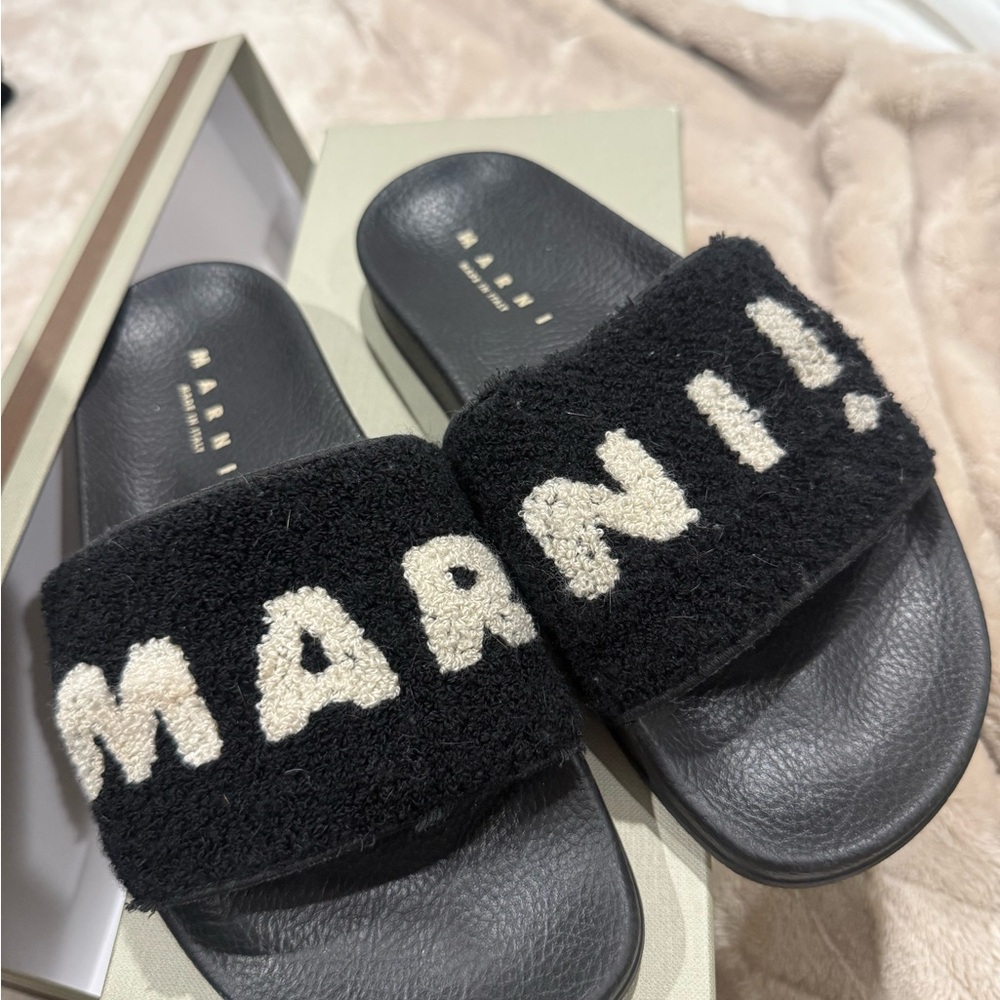 Marni Black Slides with Cream Lettering